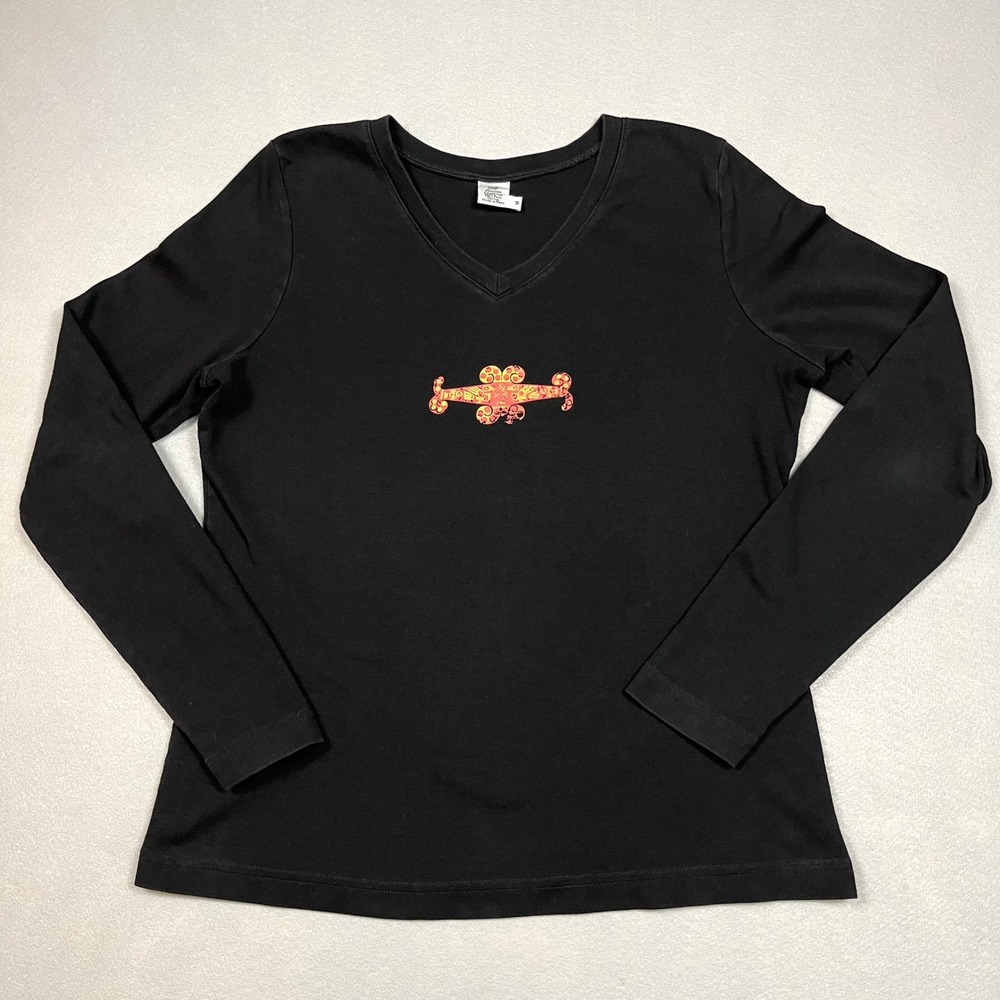 Peruvian Connection Womens M Black Cotton V-Neck Long Sleeve Top Tumi Graphic